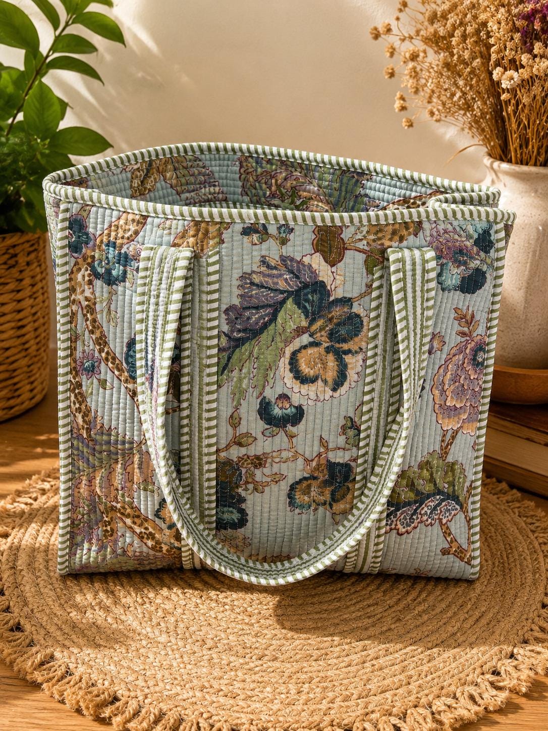 Quilted Cotton Tote Bag | Artisan Block Print Shopper, Eco Friendly Everyday Bag 16*16