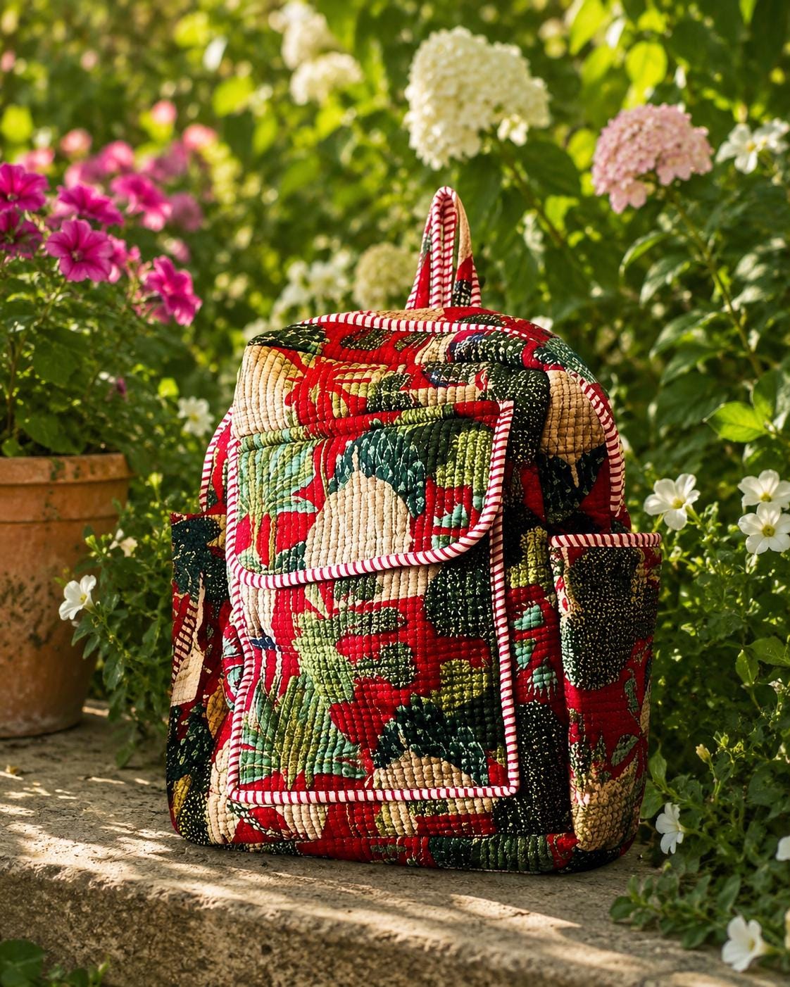 Floral Quilted Cotton Backpack, Boho Travel Daypack, Lightweight Everyday Bag