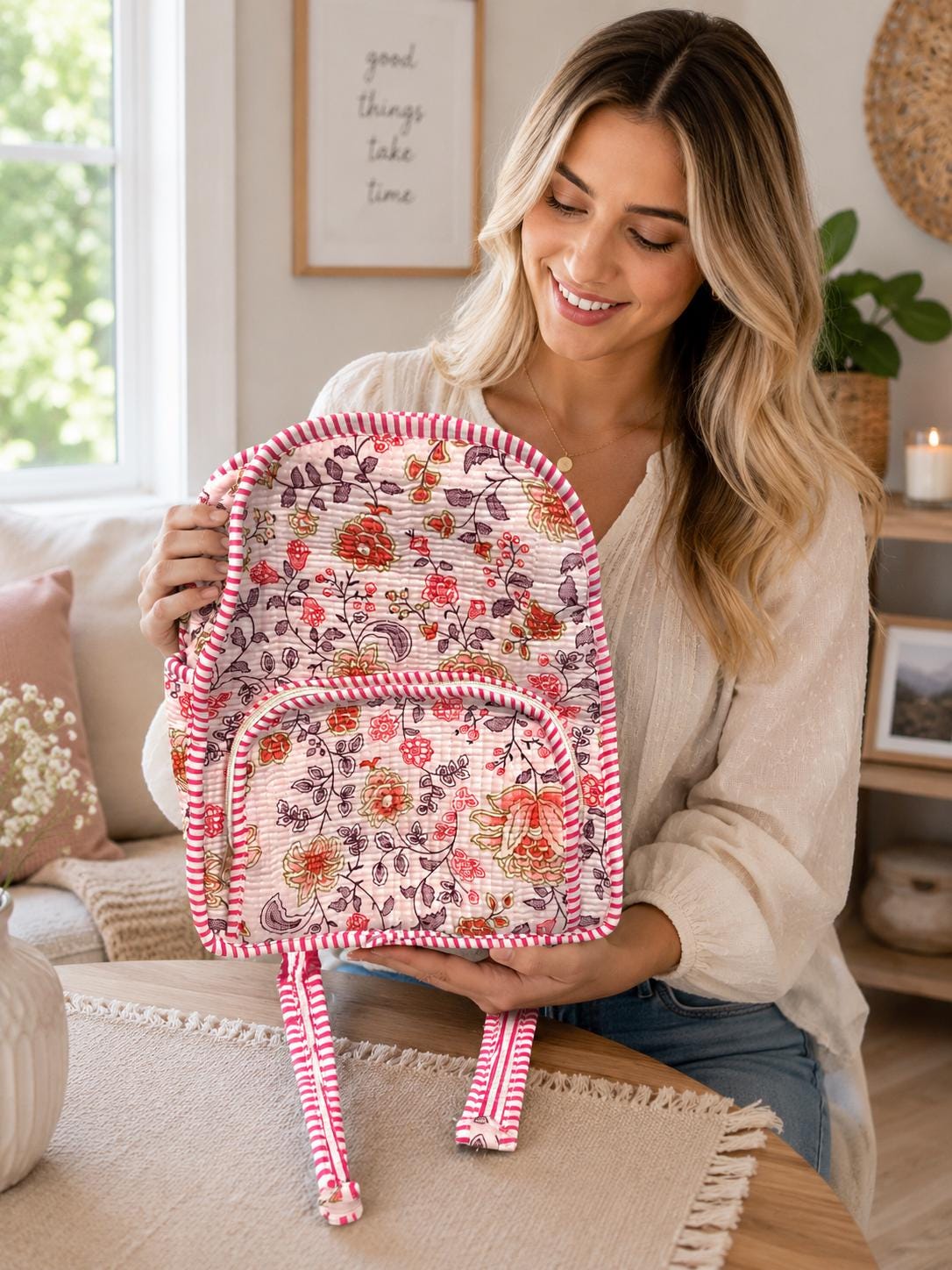 Hand Block Printed Quilted Cotton Backpack, Boho Floral Travel Daypack, Lightweight Everyday Bag