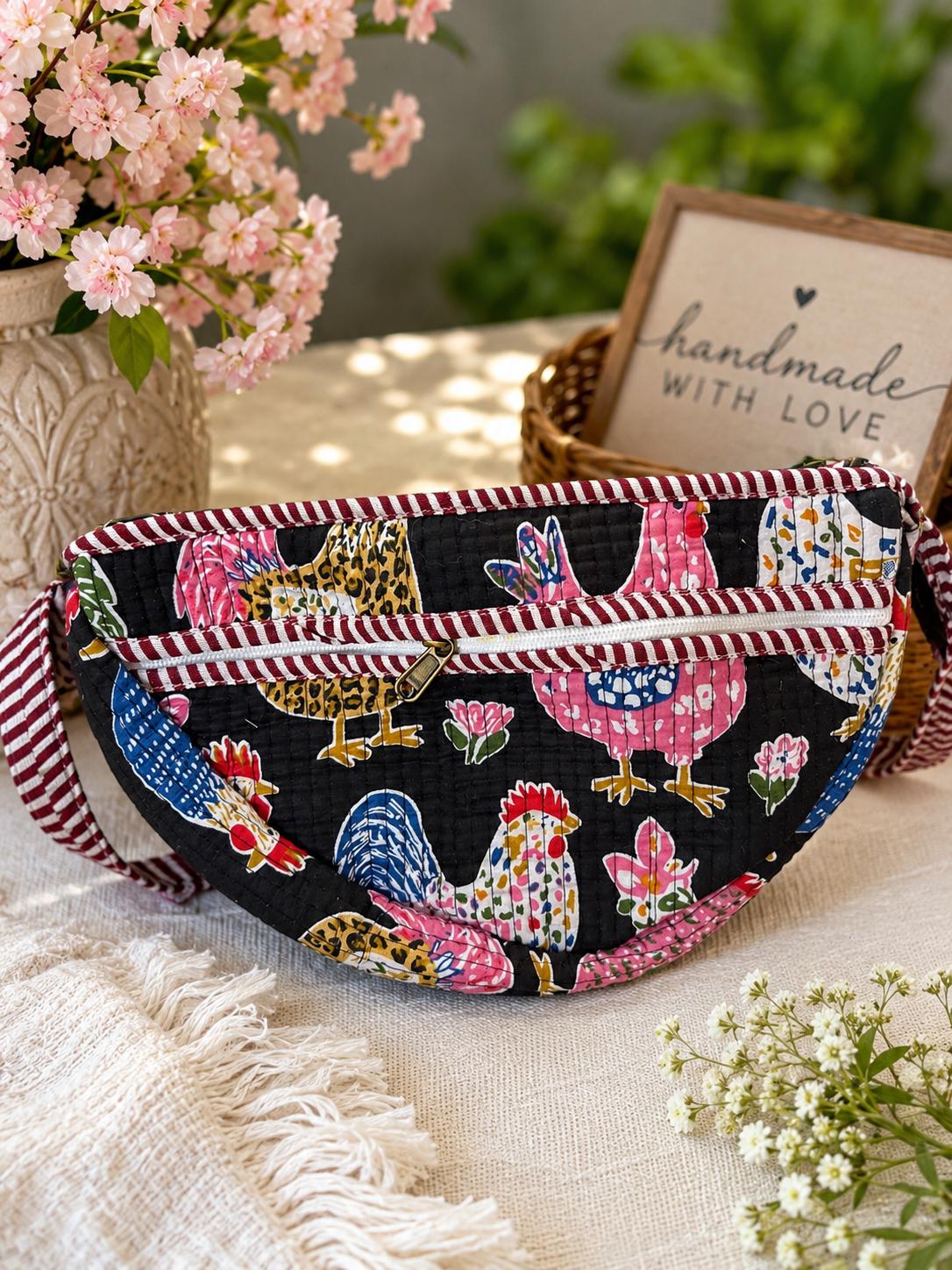 Hand Block Printed Cotton Quilted Bag, Floral Boho Sling Purse, Artisan Travel Shoulder Bag
