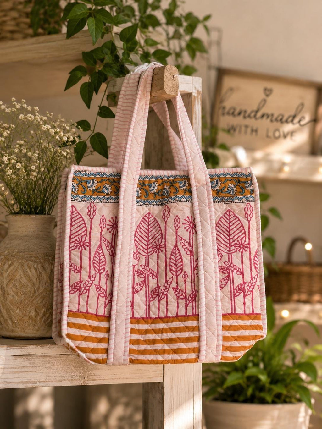 Block Print Tote Bag | Cotton Quilted, Eco Friendly Everyday Bag