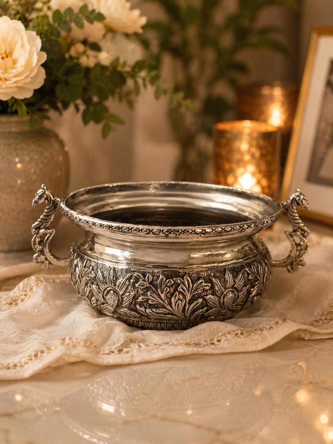 Vintage German Silver Urli | Antique Style Home Decor | Handcrafted Decorative Accent | Traditional Decor