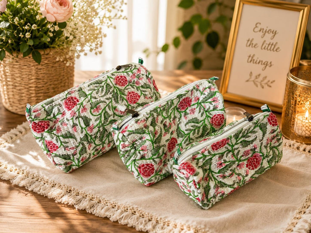 Quilted Makeup Bag Set: Hand Block Cotton Toiletry Kit