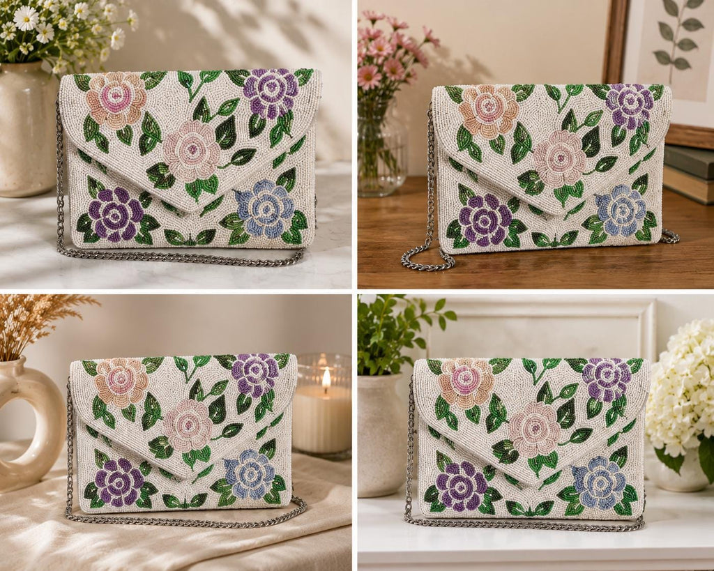 Handcrafted Beaded Clutch | Neutral Evening Purse | Custom Mosaic Beaded | Wedding & Party Handbag