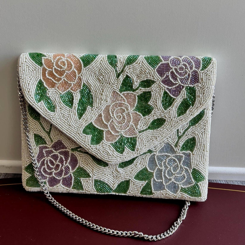 Handcrafted Beaded Clutch | Neutral Evening Purse | Custom Mosaic Beaded | Wedding & Party Handbag