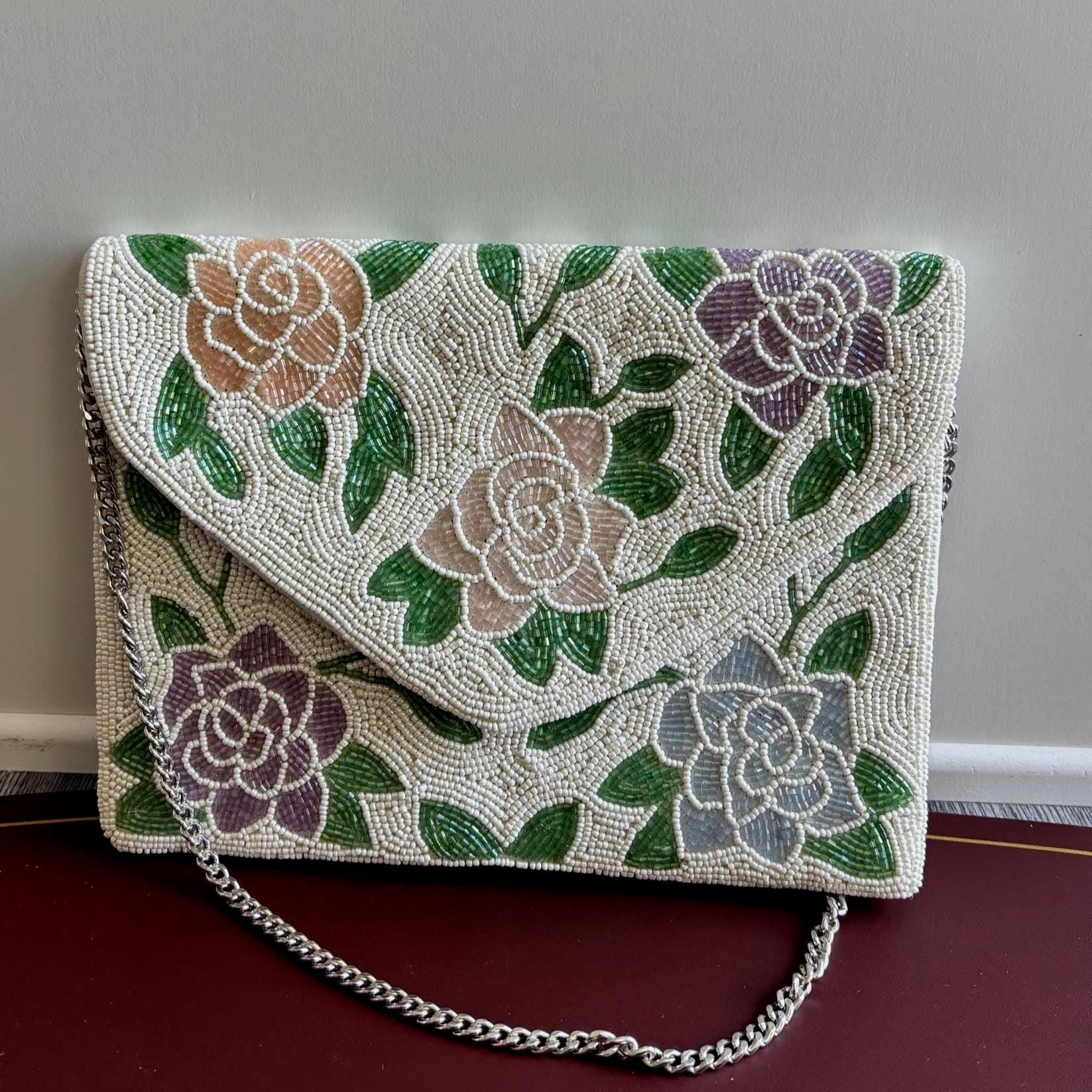 Handcrafted Beaded Clutch | Neutral Evening Purse | Custom Mosaic Beaded | Wedding & Party Handbag