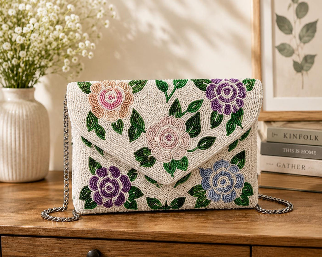 Handcrafted Beaded Clutch | Neutral Evening Purse | Custom Mosaic Beaded | Wedding & Party Handbag