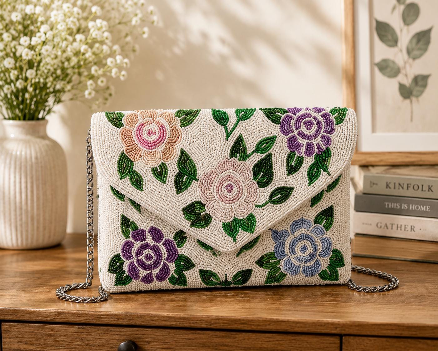 Handcrafted Beaded Clutch | Neutral Evening Purse | Custom Mosaic Beaded | Wedding & Party Handbag