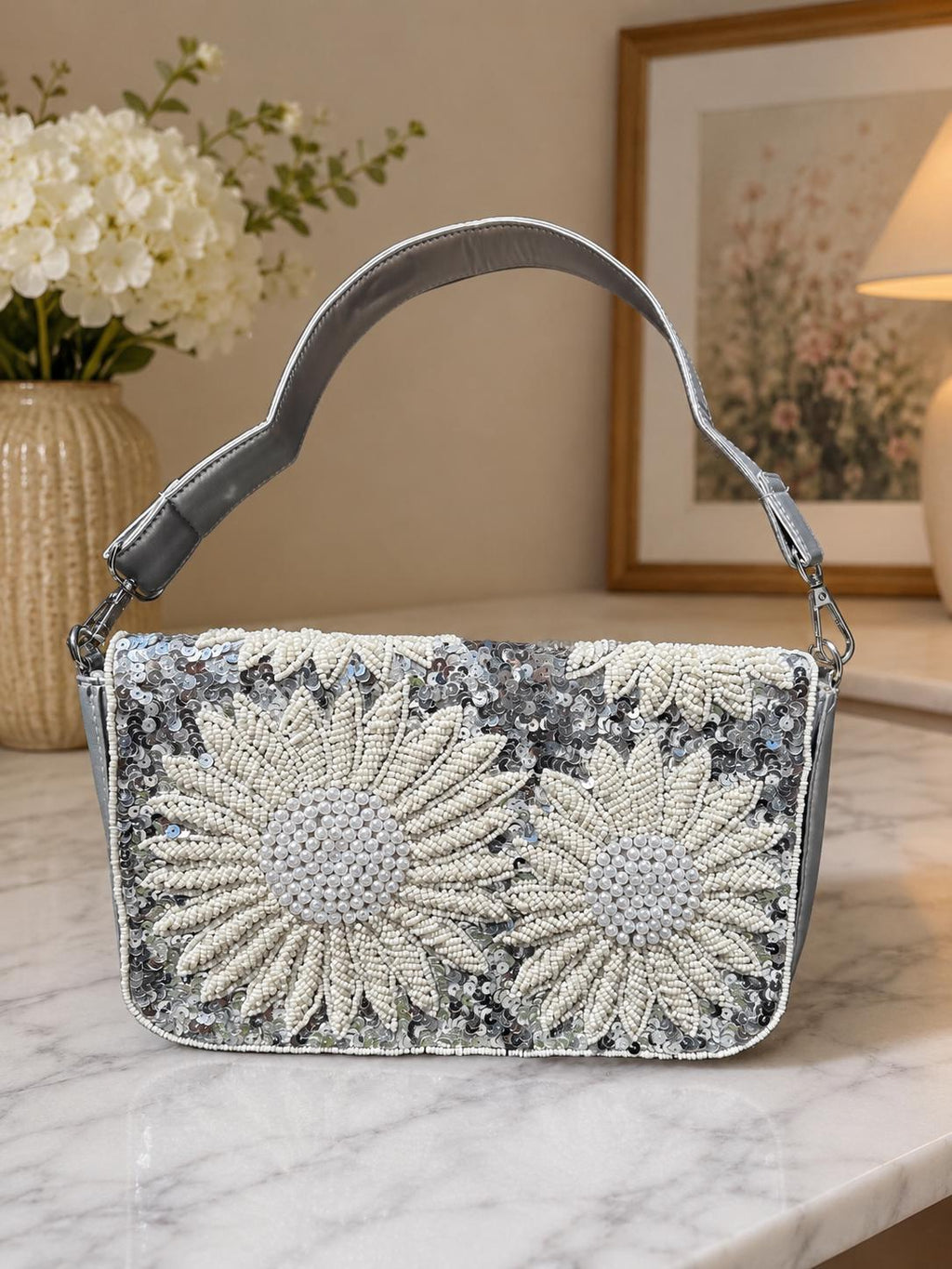 Silver Sequin Sling Bag | Handmade Beaded Evening Clutch | Detachable Chain Purse | Wedding & Bridesmaid Gift