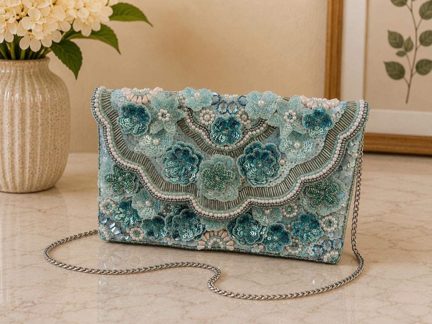 Beaded Sequin Sling Bag | Handmade Beaded Evening Clutch | Detachable Chain Purse | Wedding & Bridesmaid Gift