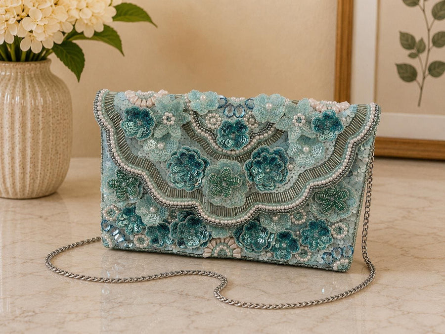 Beaded Sequin Sling Bag | Handmade Beaded Evening Clutch | Detachable Chain Purse | Wedding & Bridesmaid Gift