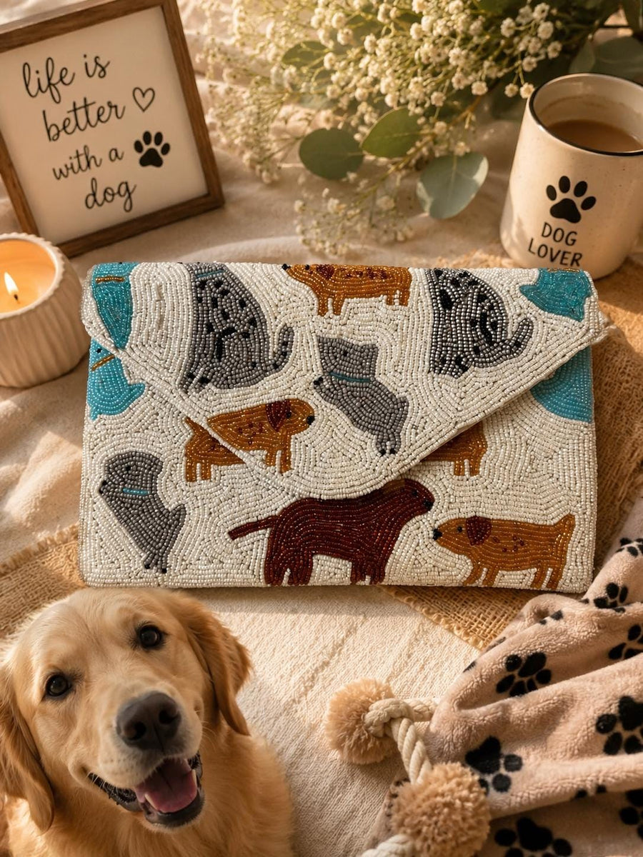 Beaded Dog Lover Clutch Purse | Handmade Pet Themed Envelope Bag
