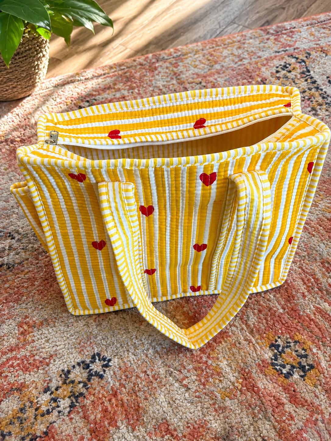 Quilted Cotton Tote Bag | Hand Block Print Shopper, Multicolor, 10x10 inches