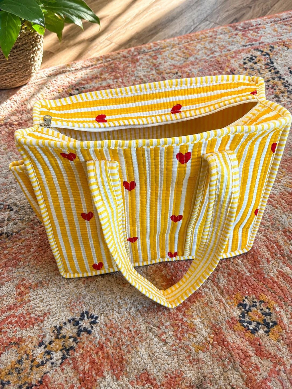 Quilted Cotton Tote Bag | Hand Block Print Shopper, Multicolor, 10x10 inches