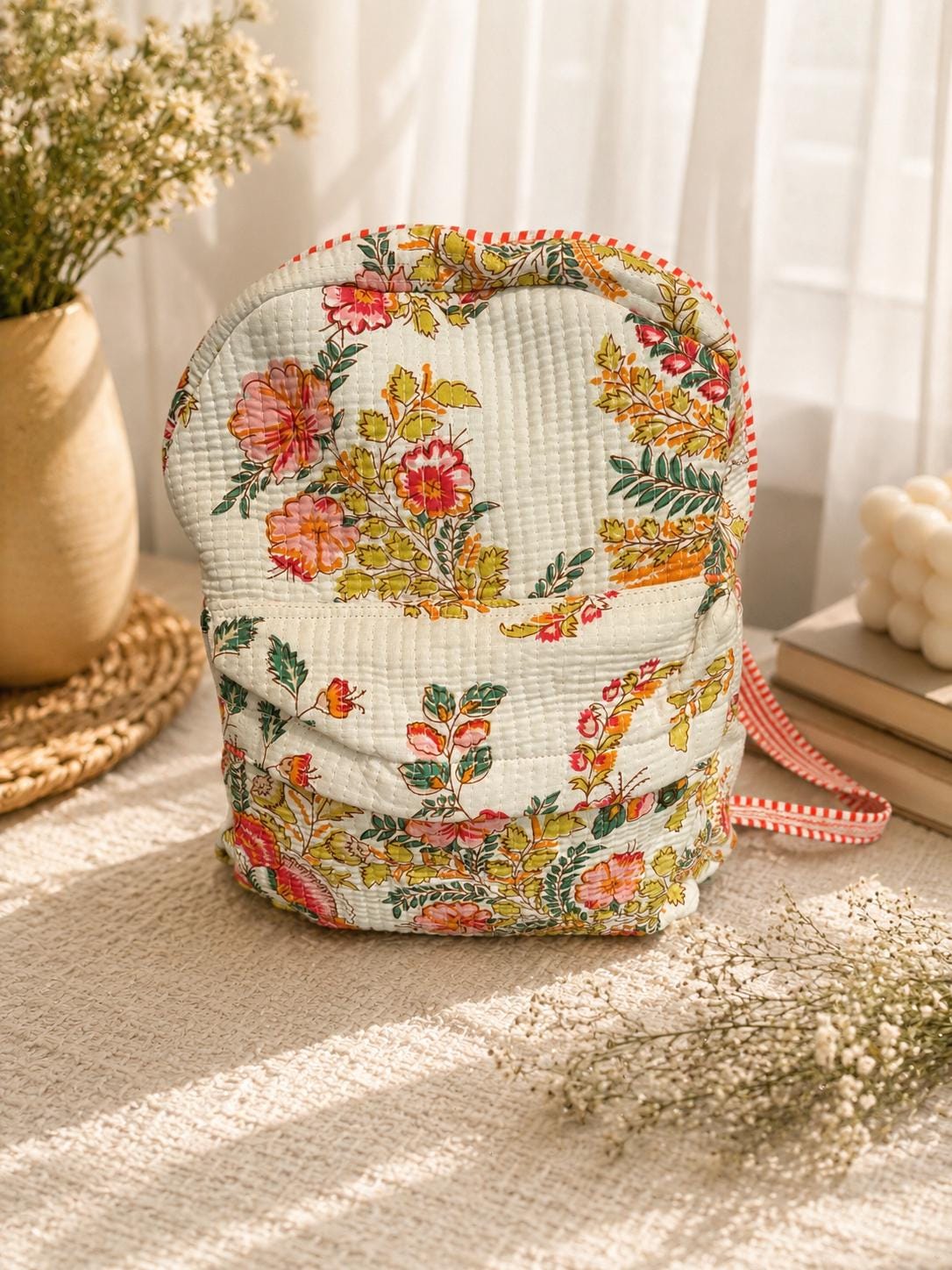 Floral Quilted Cotton Backpack, Boho Travel Daypack, Lightweight Everyday Bag