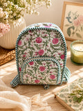 Hand Block Printed Quilted Cotton Backpack, Boho Floral Travel Daypack, Lightweight Everyday Bag