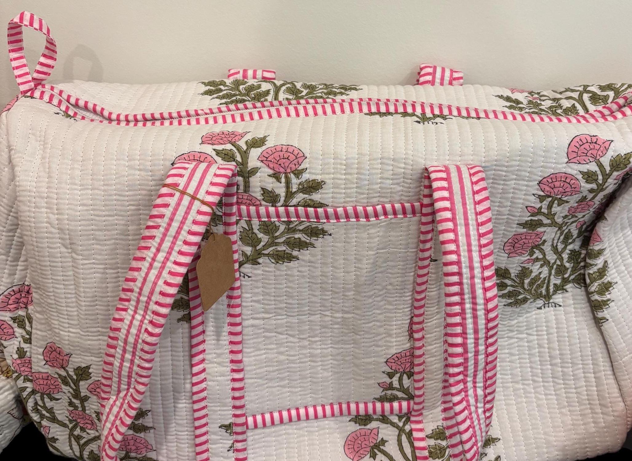 Quilted Cotton Duffle Bag , Handmade Quilted Travel Bag, Block Print Standard Size, Boho Shopping Bag For Woman