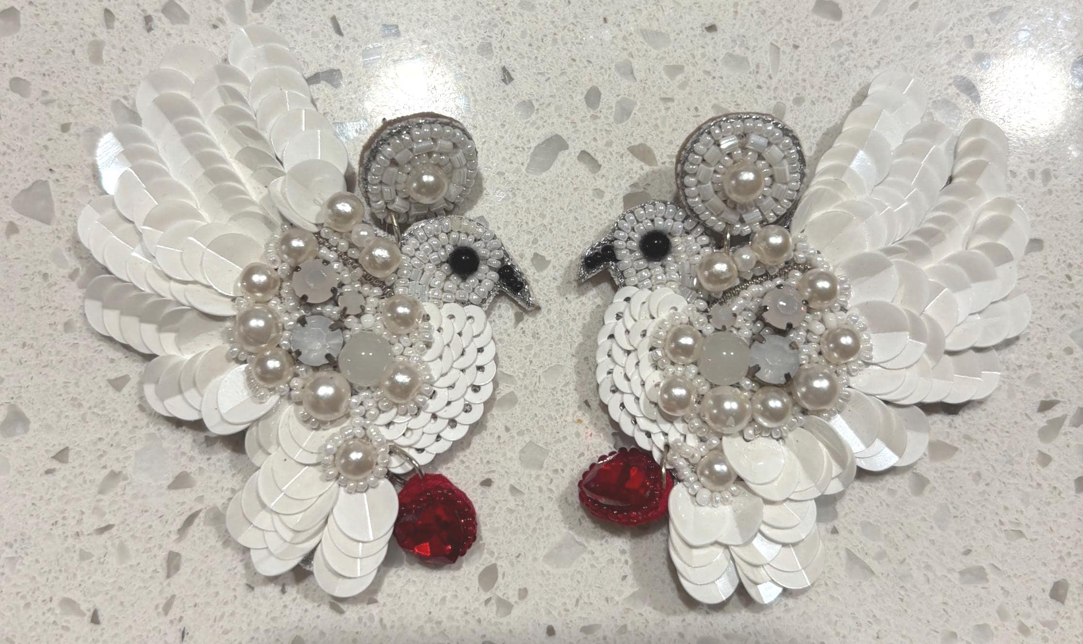 Handmade Beaded Dove Earrings | White Sequin Statement Jewelry