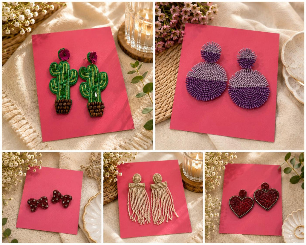 Handmade Beaded Statement Earrings – Colorful Cactus, Heart, Bow, Tassel & Round Drop Earrings