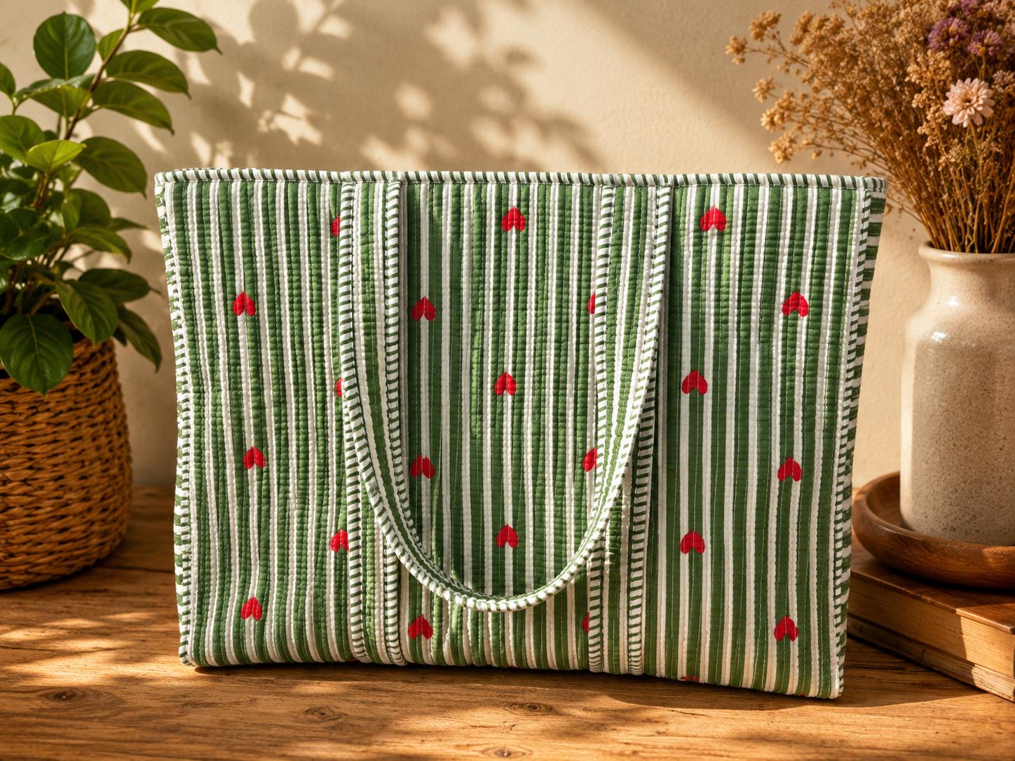 Quilted Cotton Tote Bag | Hand Block Print Shopper, Multicolor, 18x18 inches