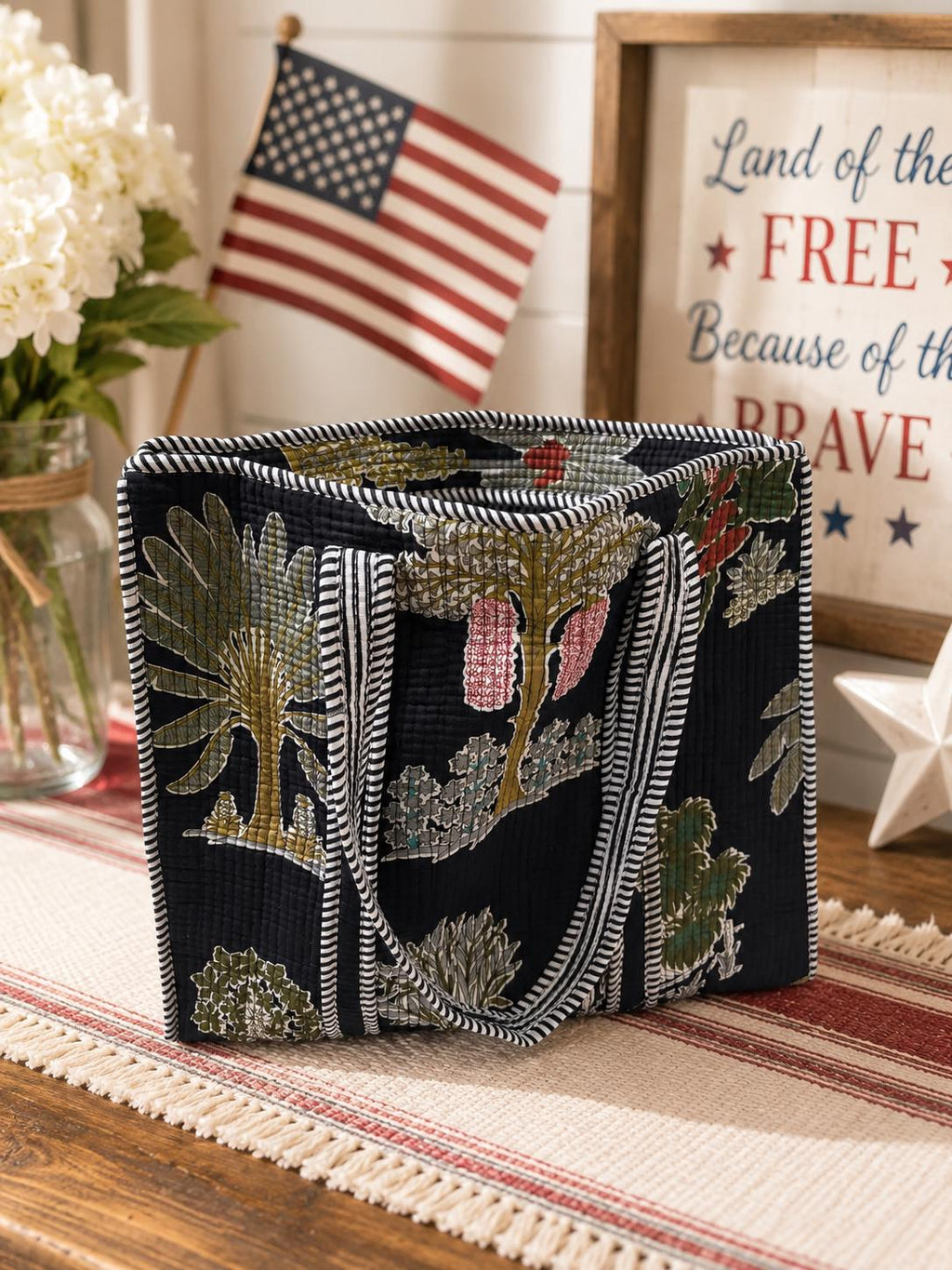 Quilted Cotton Tote Bag | Hand Block Print Shopper, Multicolor, 18x18 inches