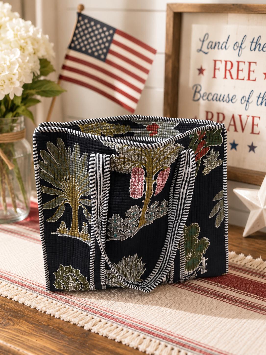 Quilted Cotton Tote Bag | Hand Block Print Shopper, Multicolor, 18x18 inches