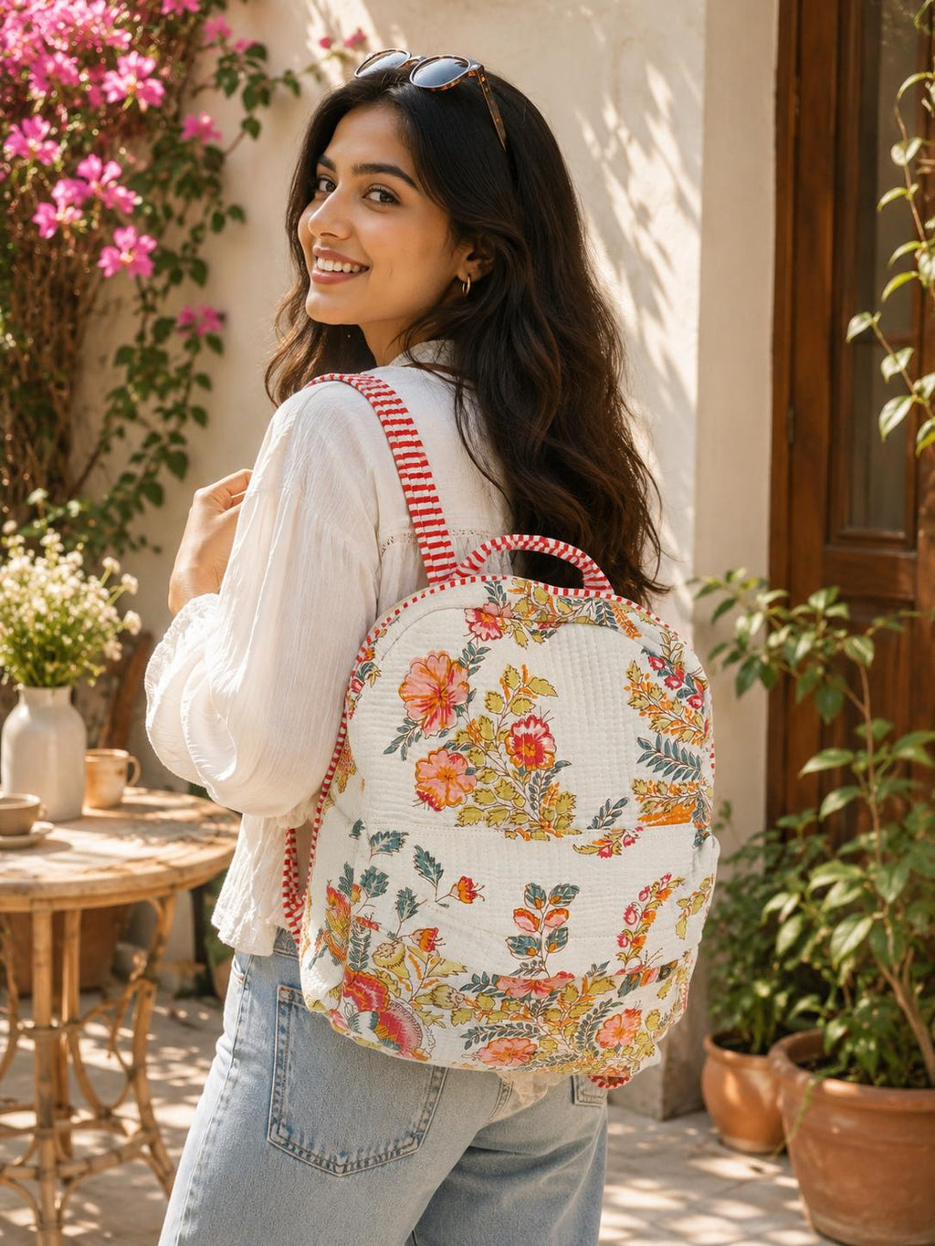 Floral Quilted Cotton Backpack, Boho Travel Daypack, Lightweight Everyday Bag
