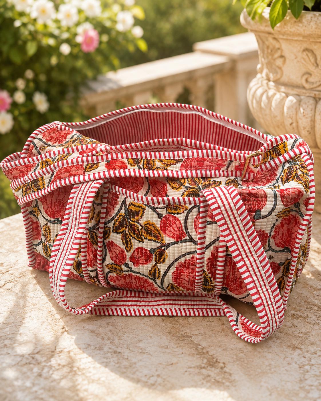 Quilted Cotton Duffle Bag, Handmade Block Print Travel Weekender, Boho Style Woman Bag