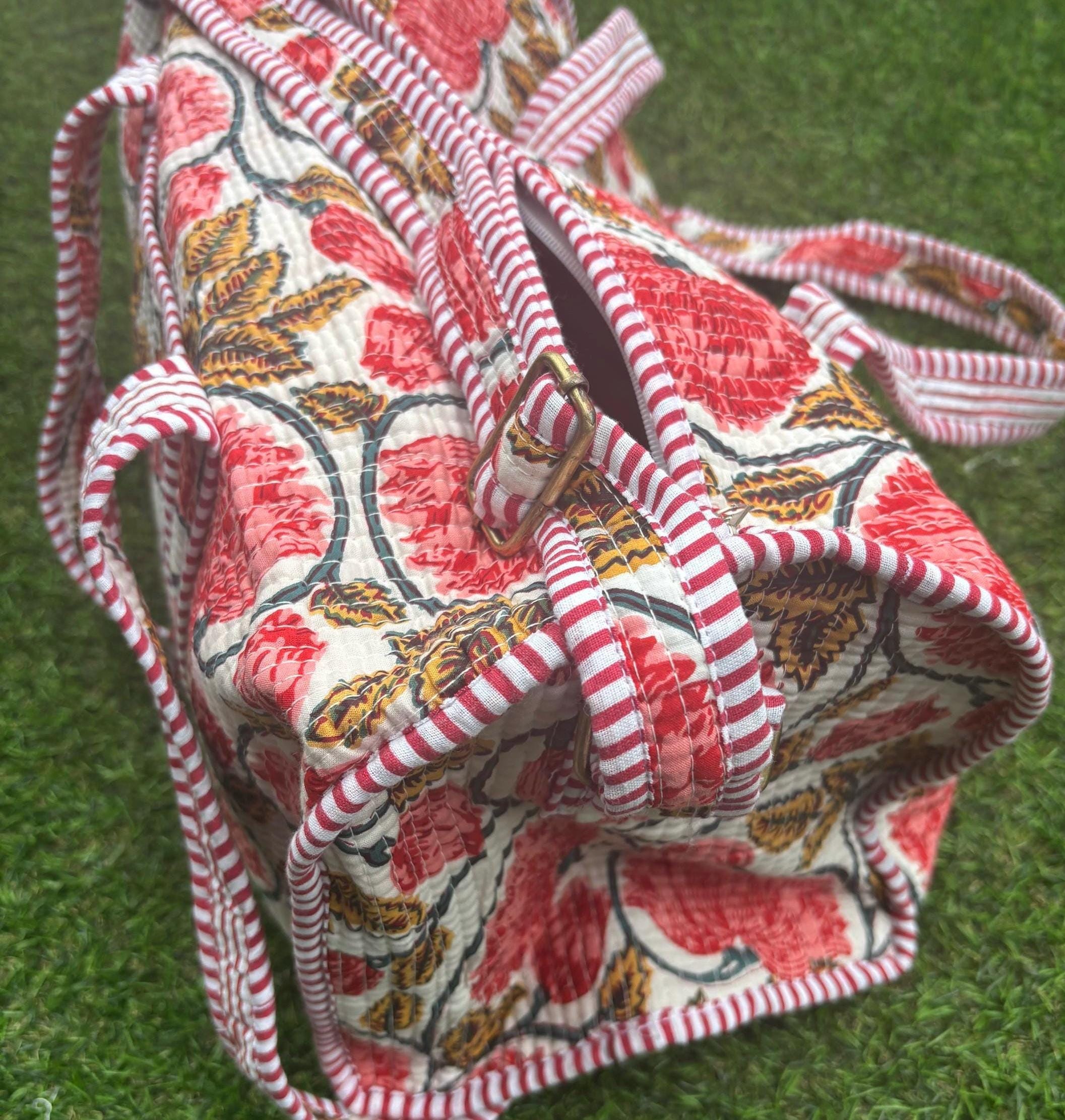 Quilted Cotton Duffle Bag, Handmade Block Print Travel Weekender, Boho Style Woman Bag