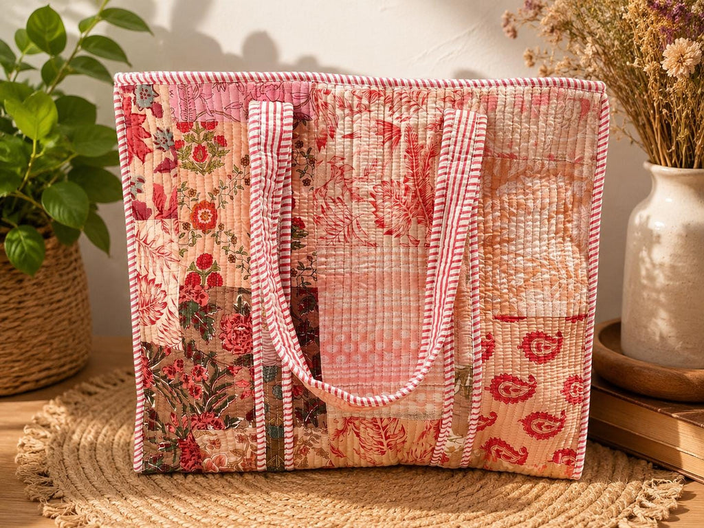 Quilted Cotton Tote Bag | Hand Block Print Shopper, Multicolor, 18x18 inches