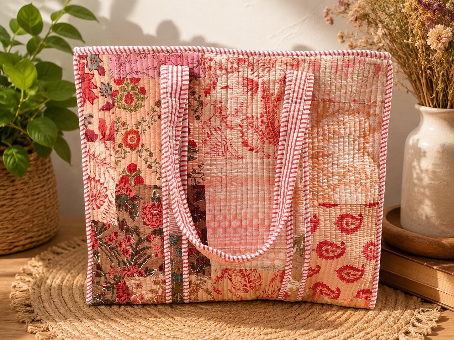 Quilted Cotton Tote Bag | Hand Block Print Shopper, Multicolor, 18x18 inches