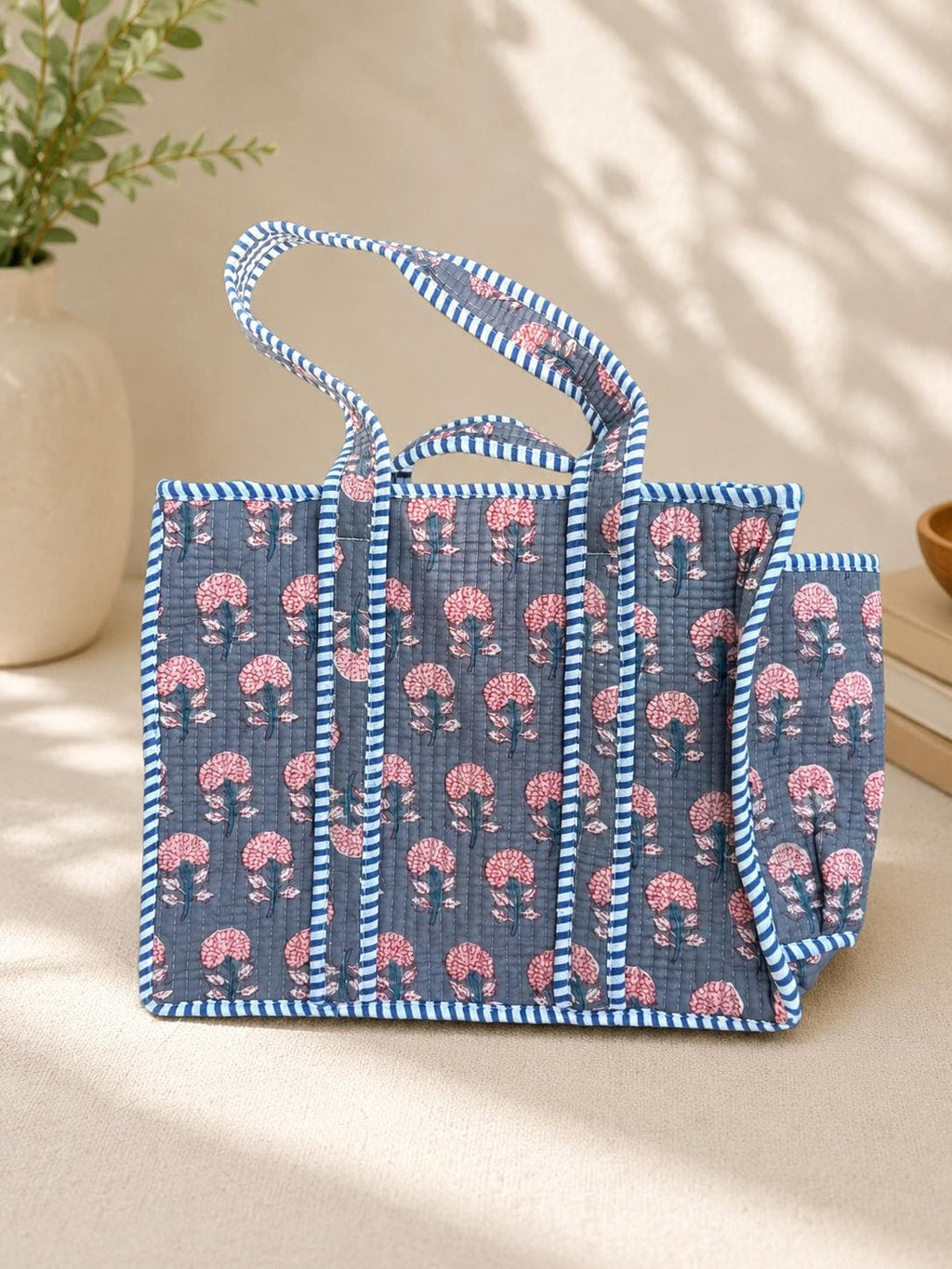 Quilted Cotton Tote Bag | Hand Block Print Shopper, Multicolor, 10x10 inches