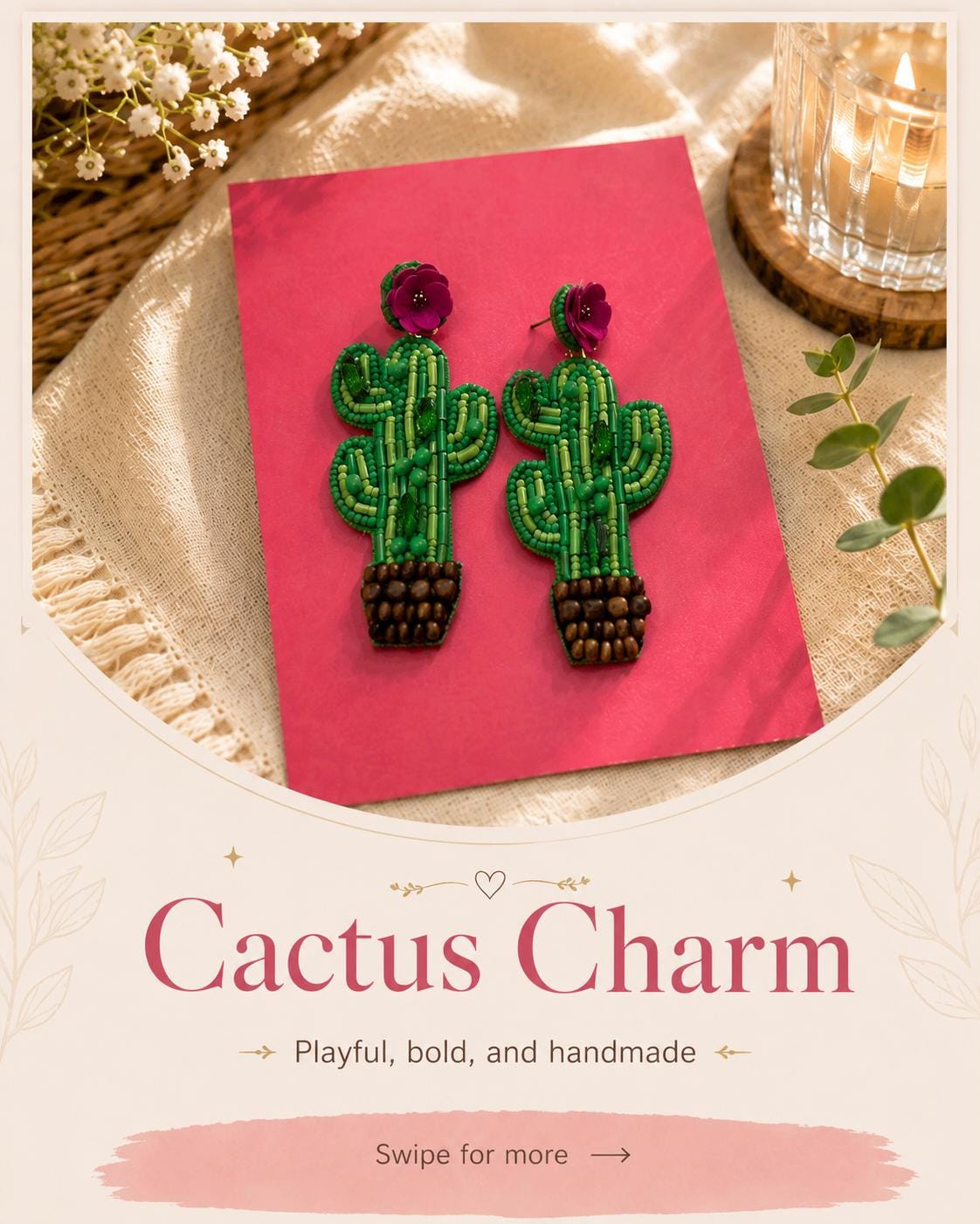 Handmade Beaded Statement Earrings| Cactus Charm