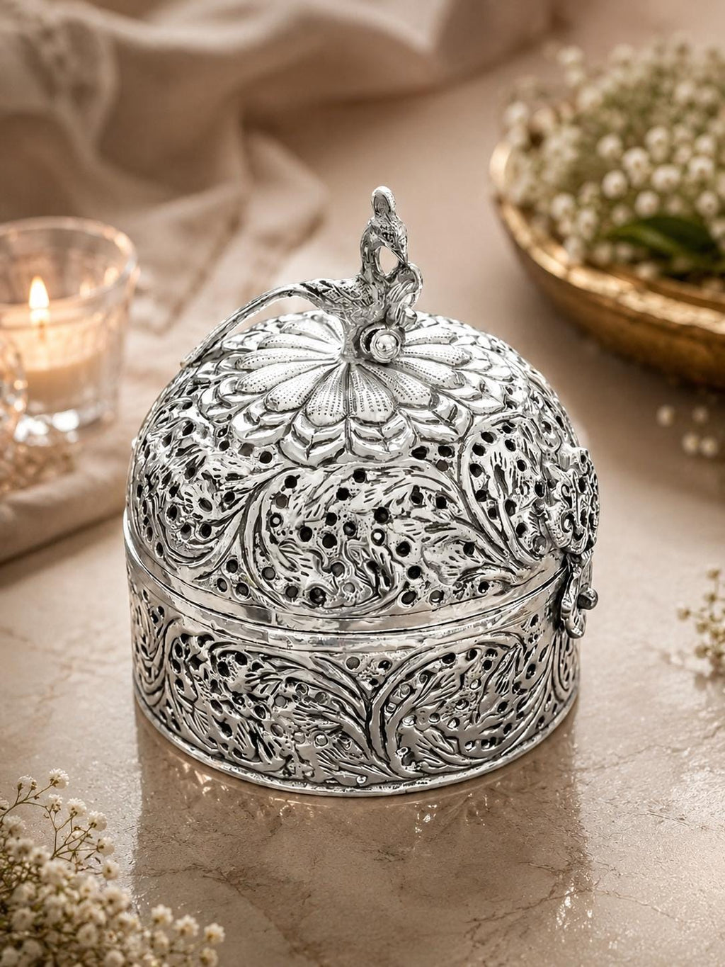 Vintage German Silver Peacock Trinket Box | Ornate Engraved Keepsake Container