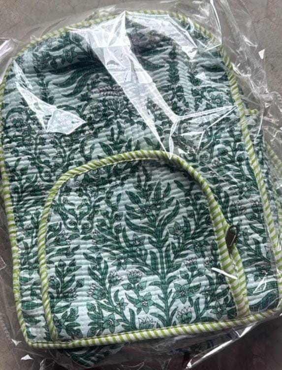 Hand Block Printed Cotton Quilted Backpack, Boho Floral Travel Daypack, Lightweight Everyday Bag
