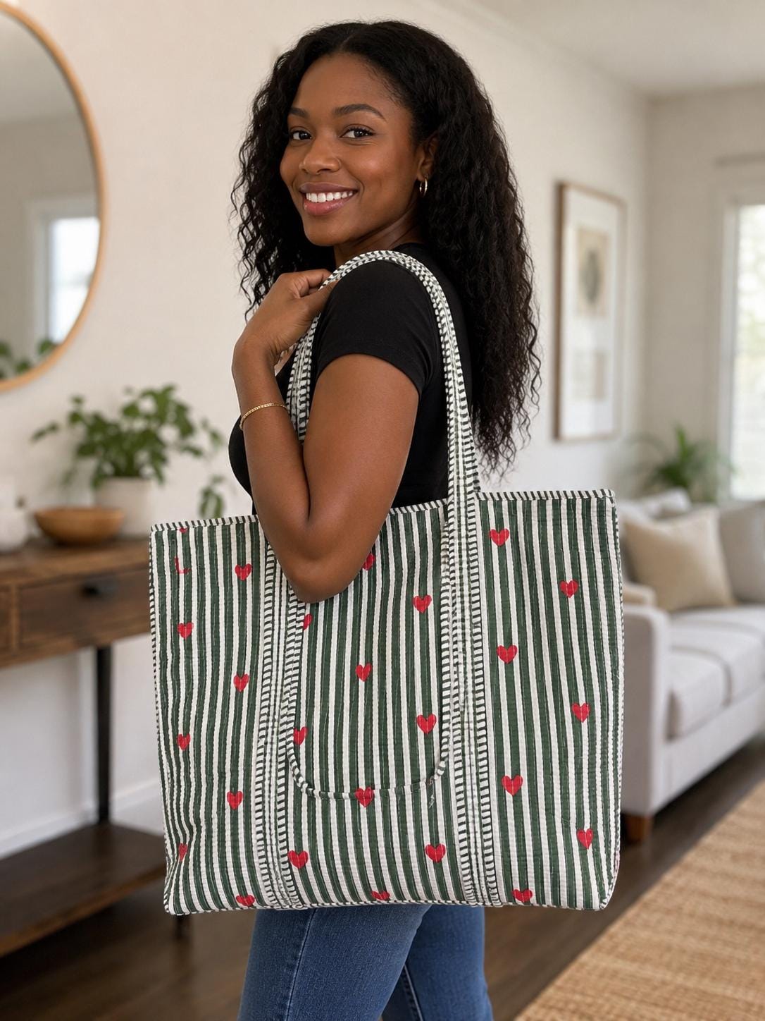 Quilted Cotton Tote Bag | Hand Block Print Shopper, Multicolor, 18x18 inches