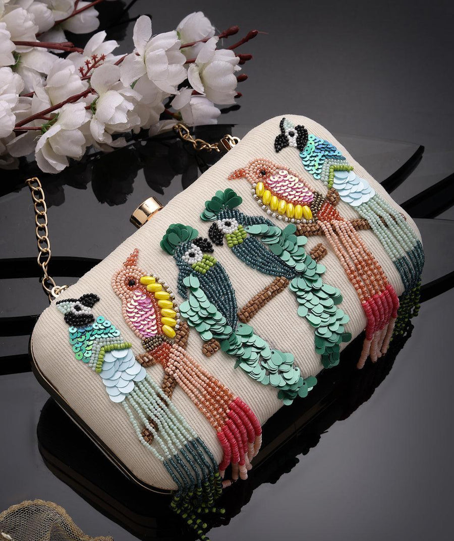 Beaded Bird Clutch Bag | Embroidered Evening Purse, Nature Inspired Ivory Fabric