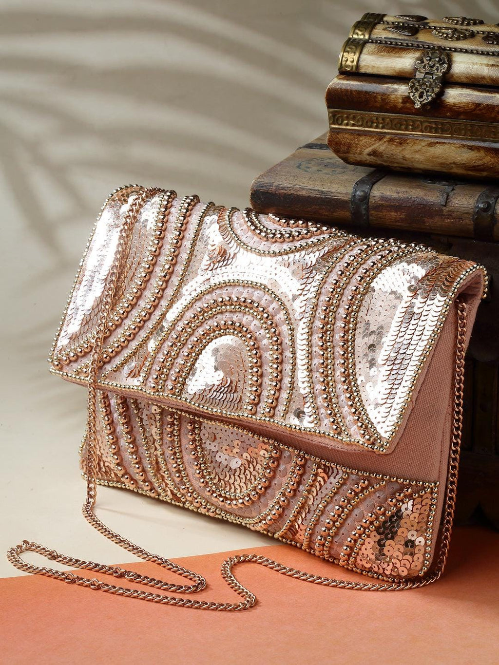 Rose Gold Beaded Clutch | Sequin Evening Bag, Art Deco Geometric Purse