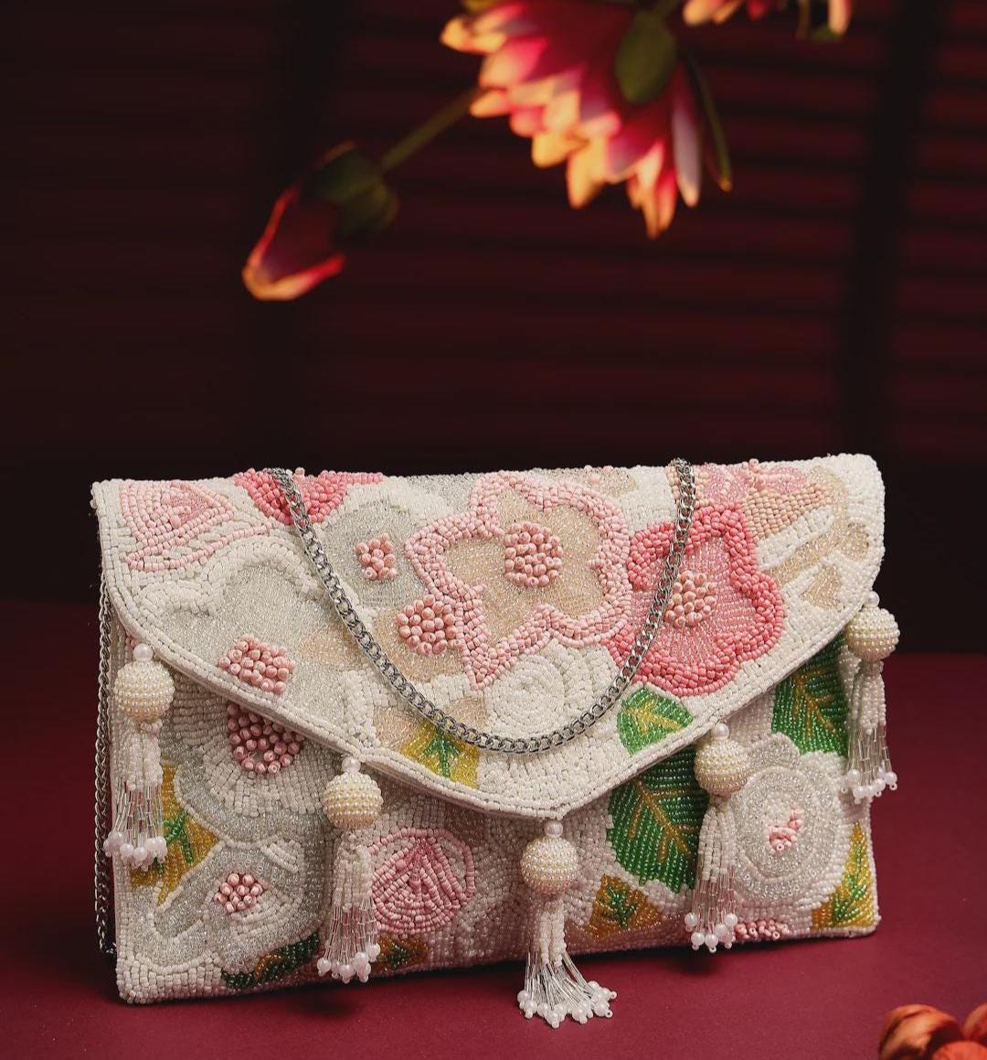 Beaded Floral Envelope Clutch | Pearl Tassel Evening Purse, Wedding Bag