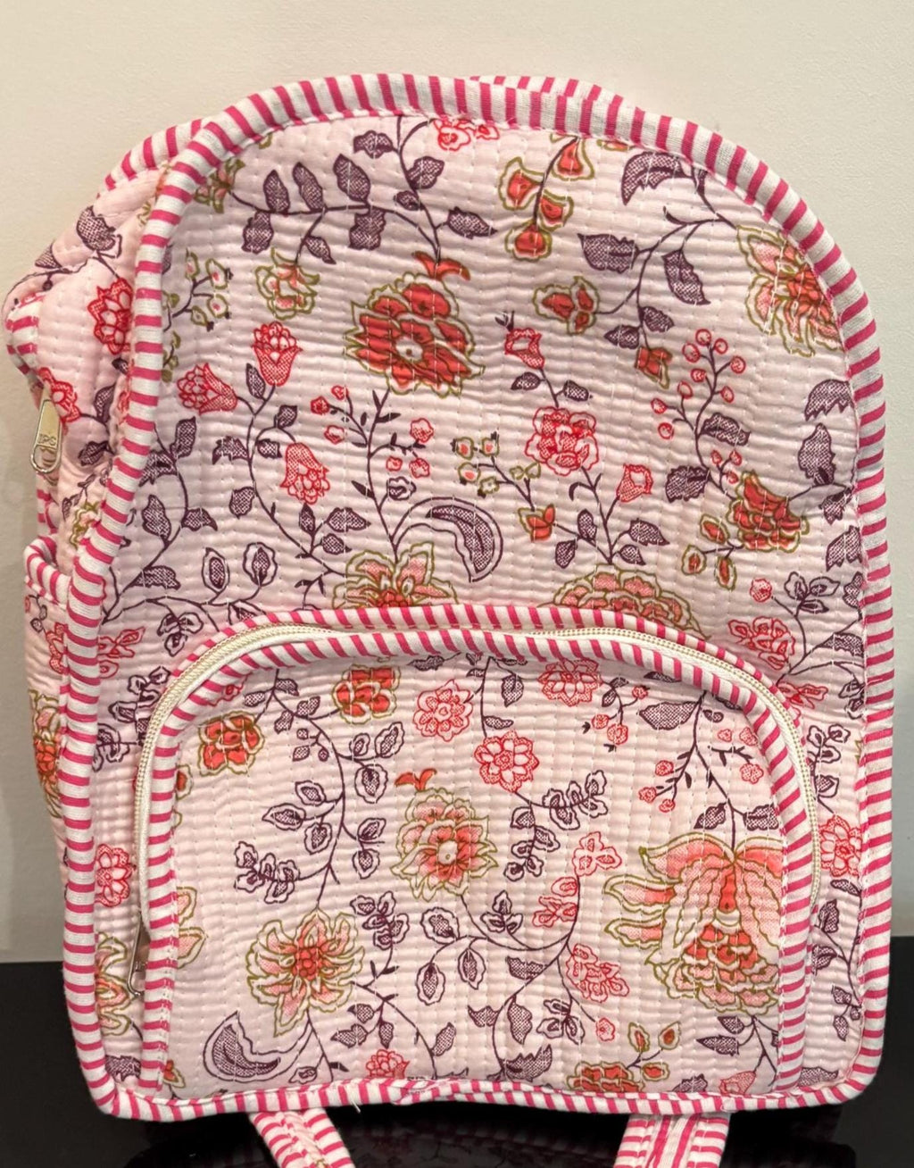 Hand Block Printed Quilted Cotton Backpack, Boho Floral Travel Daypack, Lightweight Everyday Bag