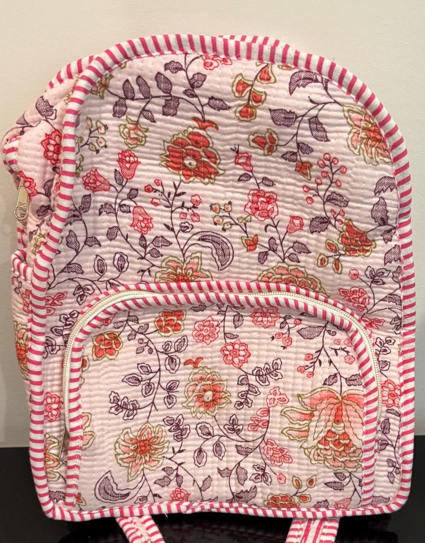 Hand Block Printed Quilted Cotton Backpack, Boho Floral Travel Daypack, Lightweight Everyday Bag