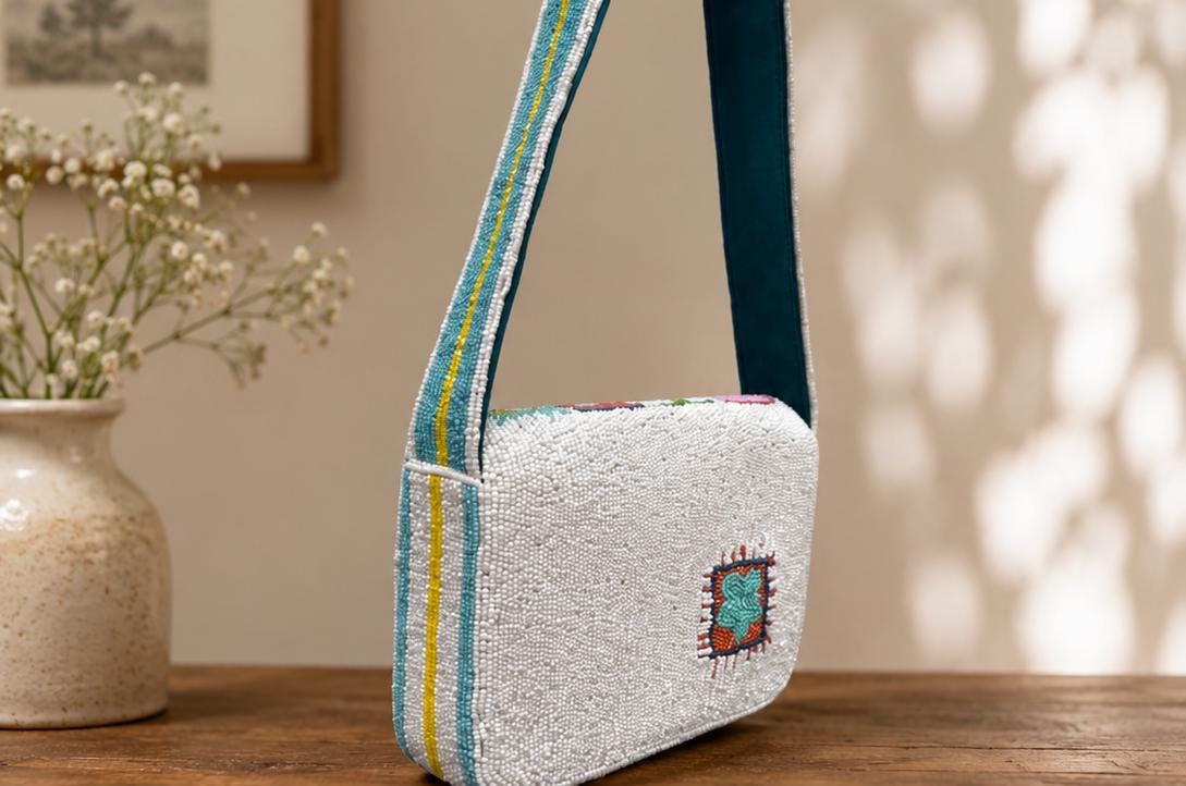 Handmade Beaded Shoulder Bag | Coastal Nautical Lobster Sailboat Seashell Motifs