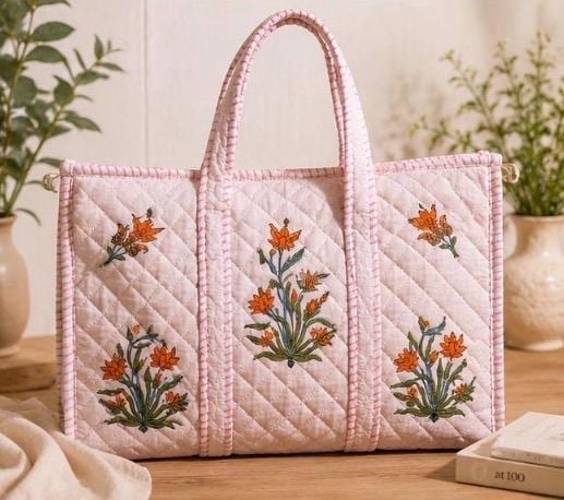 Block Print Tote Bag | Cotton Quilted, Eco Friendly Everyday Bag