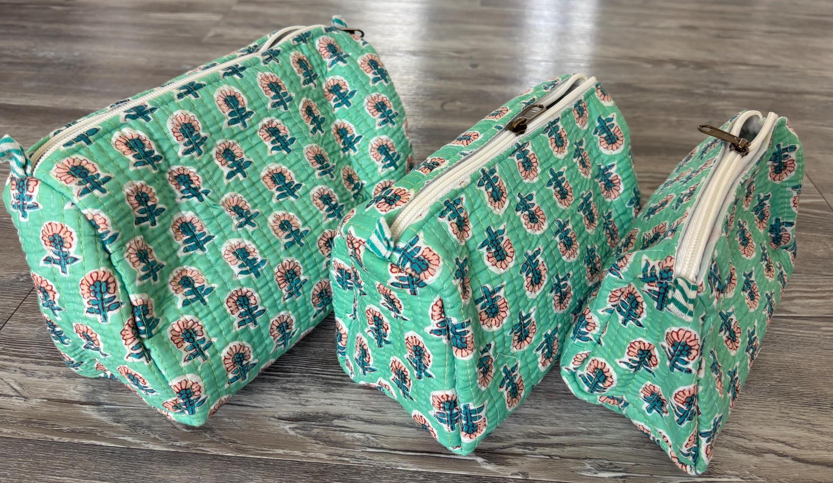Quilted Makeup Bag Set: Hand Block Cotton Toiletry Kit