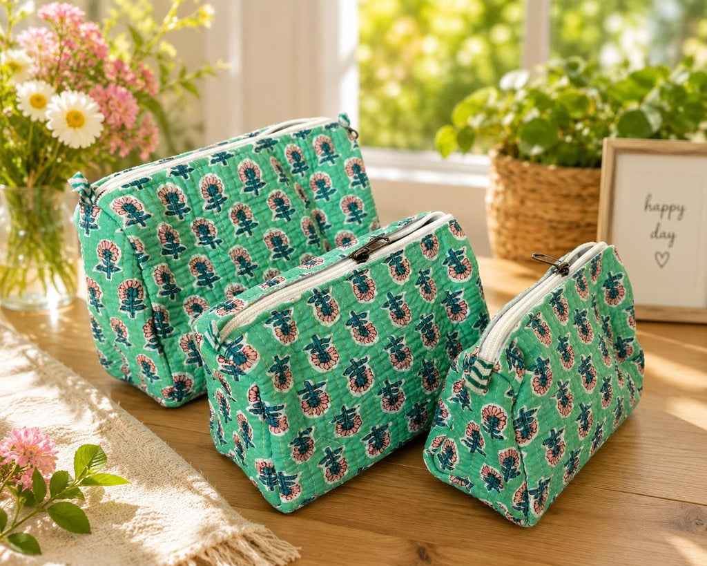 Quilted Makeup Bag Set: Hand Block Cotton Toiletry Kit