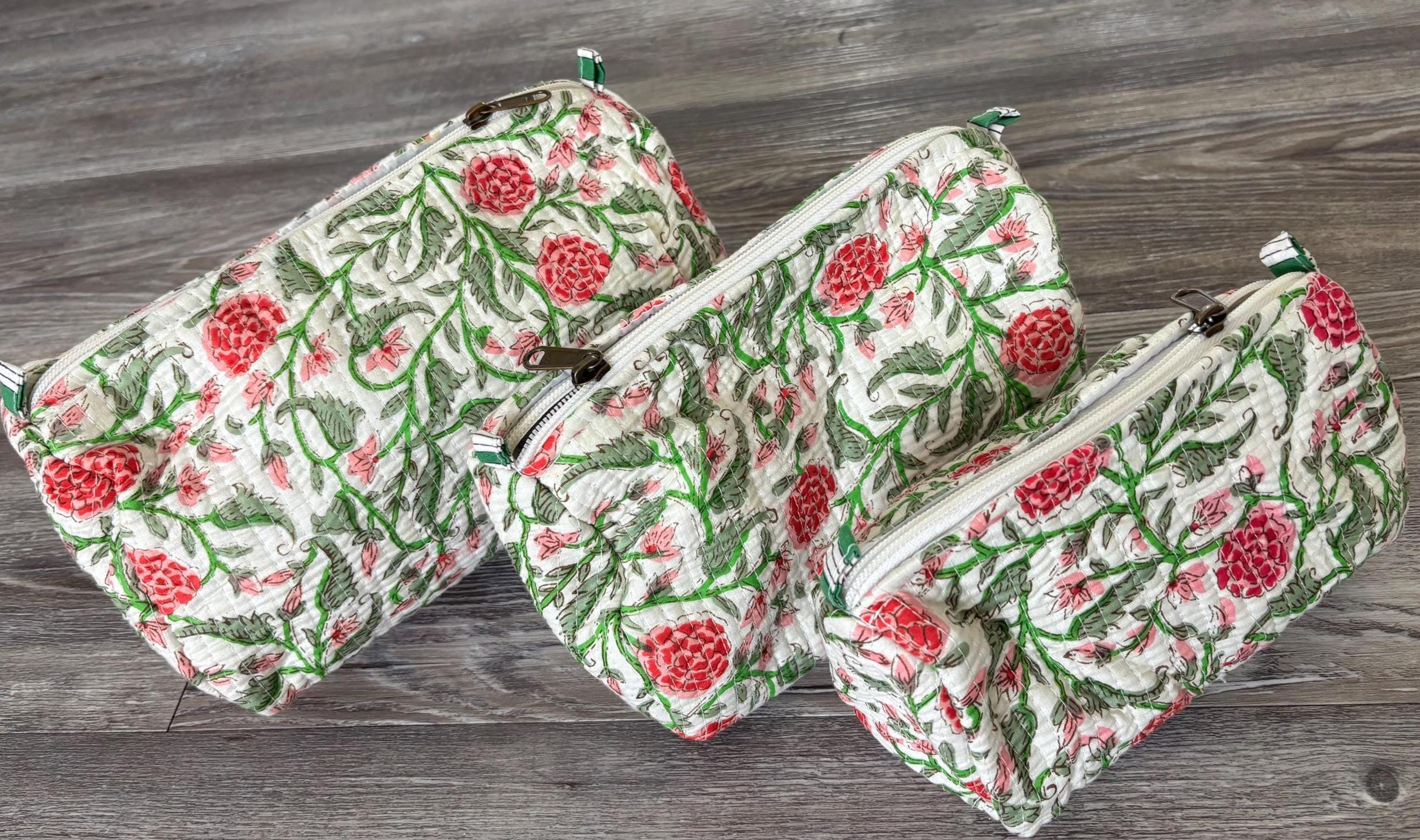 Quilted Makeup Bag Set: Hand Block Cotton Toiletry Kit