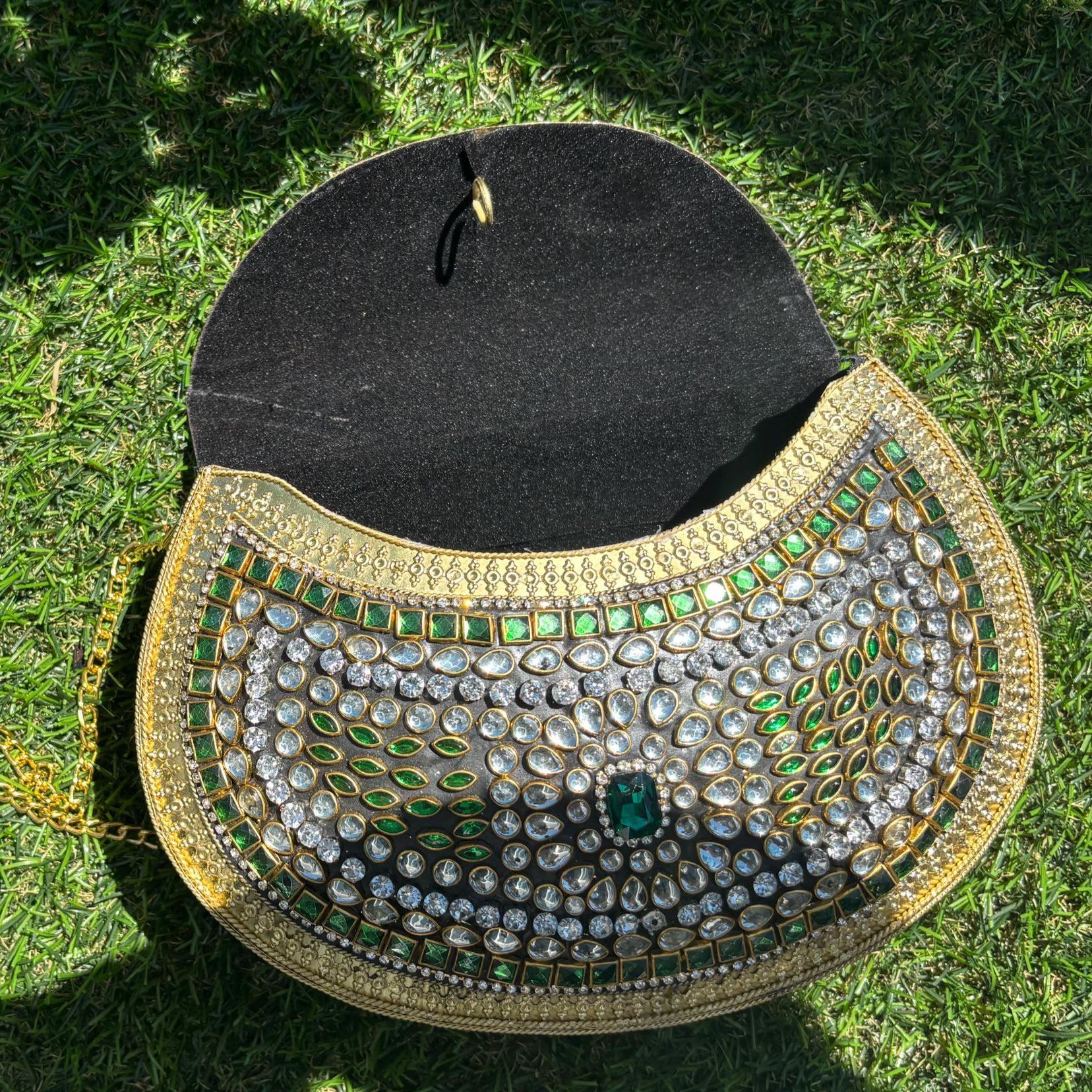 Vintage Kundan Handbag | Gold Green Embossed Metal Clutch for Indian Weddings