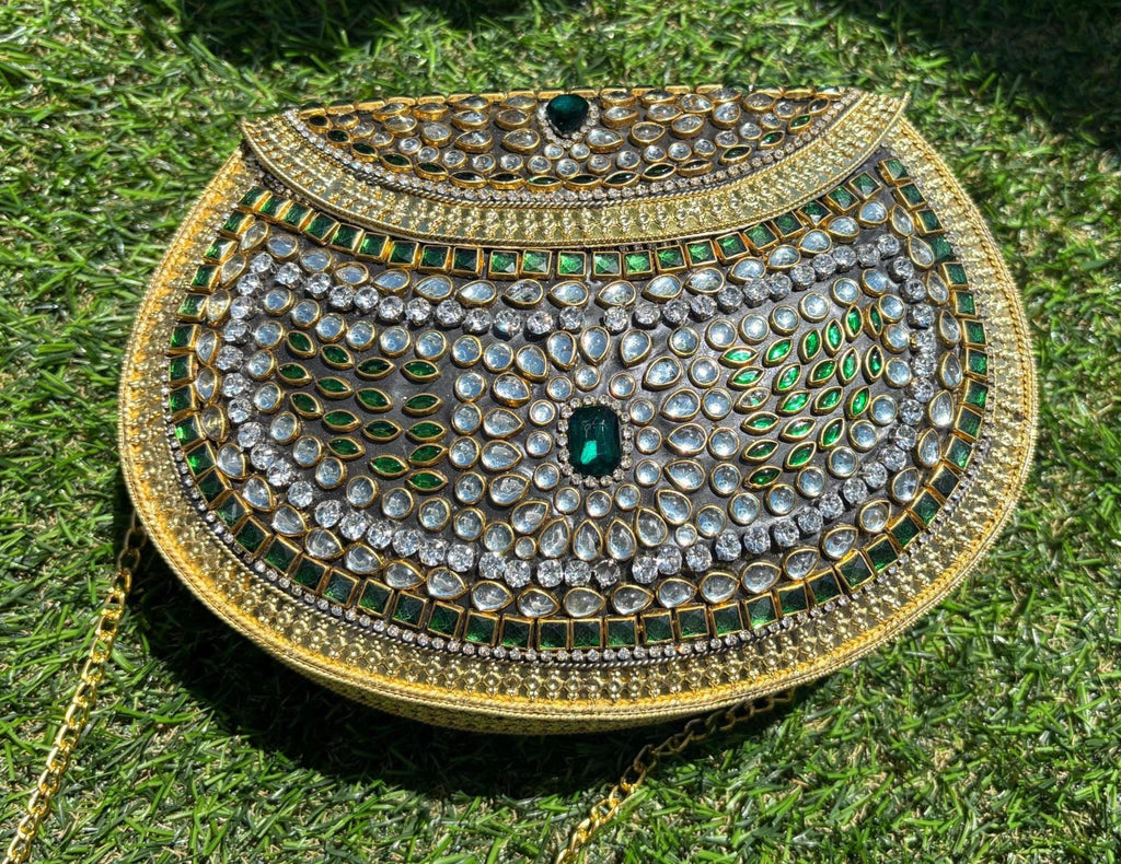 Vintage Kundan Handbag | Gold Green Embossed Metal Clutch for Indian Weddings