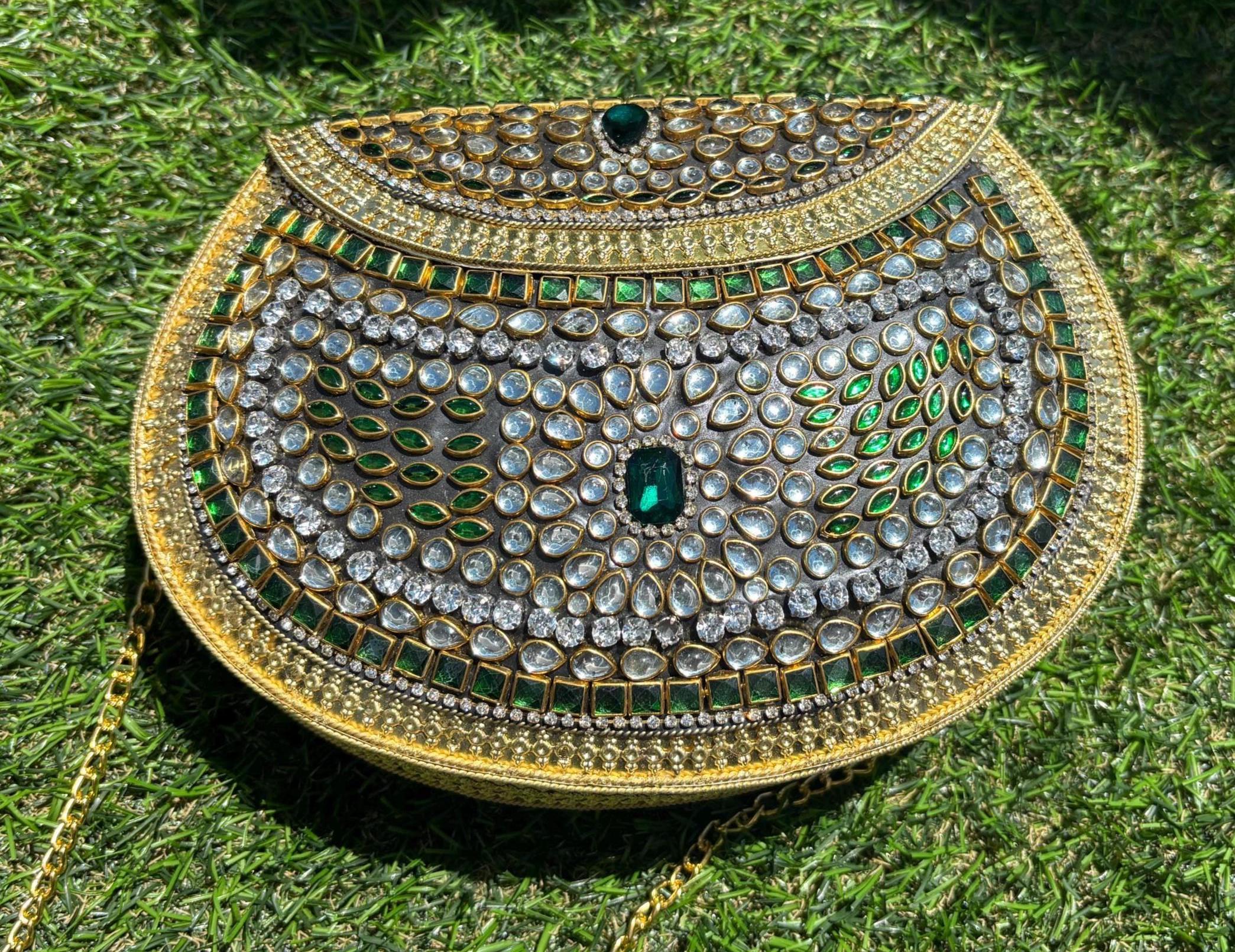 Vintage Kundan Handbag | Gold Green Embossed Metal Clutch for Indian Weddings