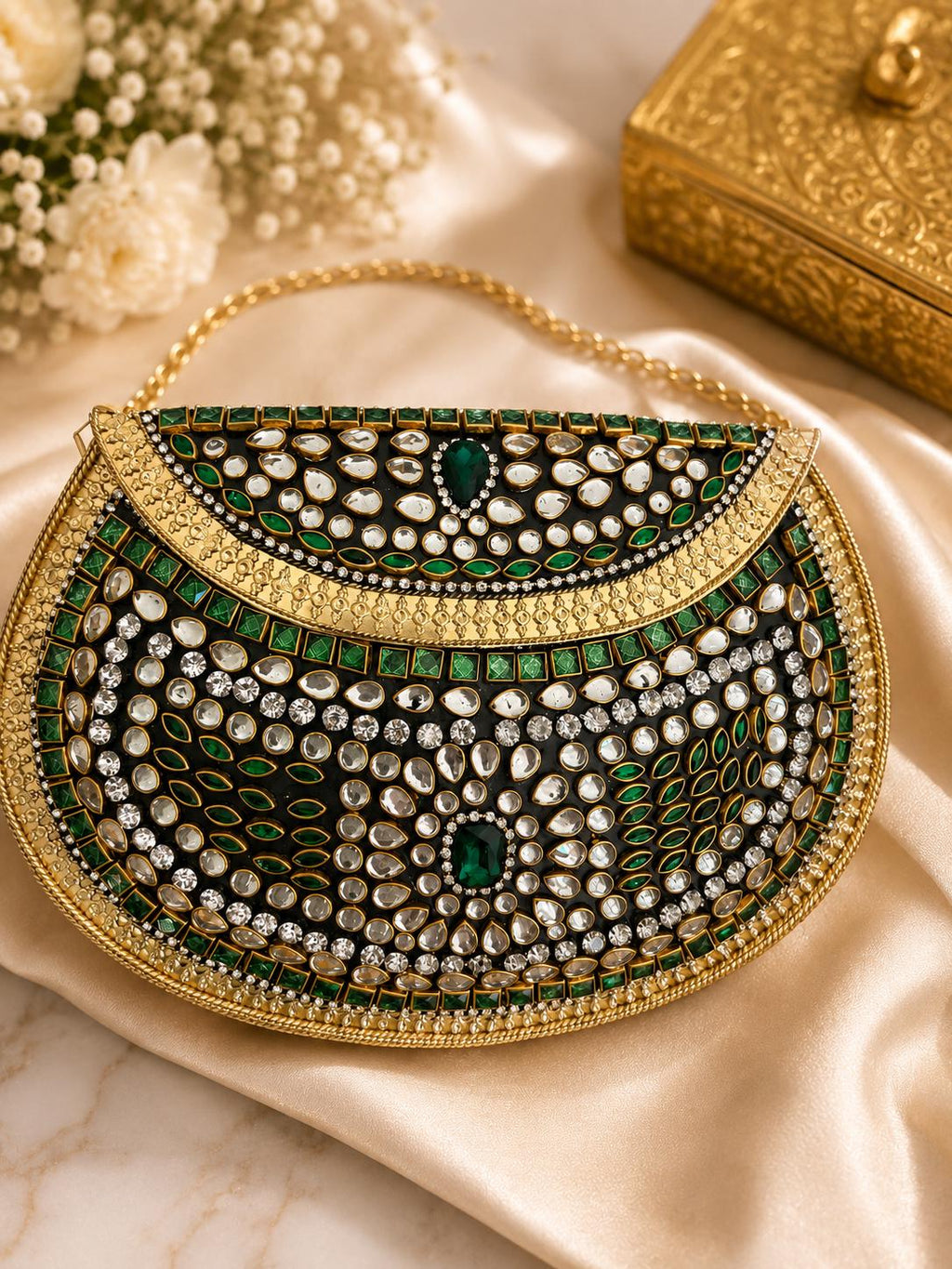 Vintage Kundan Handbag | Gold Green Embossed Metal Clutch for Indian Weddings